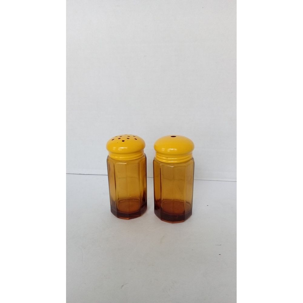 Vintage Amber Glass Salt and Pepper Shaker with Yellow Plastic Top Kitchen Decor